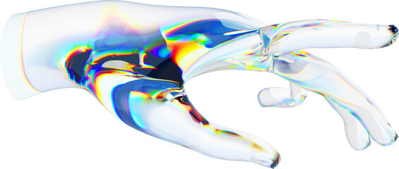 3d glass hand with dispersion transparent background. Rainbow reflex on a glass arm
