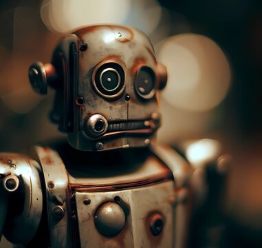 Retro robot toy on blurred background. Vintage style toned picture, generate by ai .
