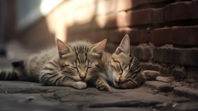 Shot of two kittens cuddling at a stonewall corner