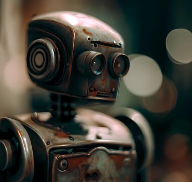 Retro robot toy on blurred background. Vintage style toned picture, generate by ai .
