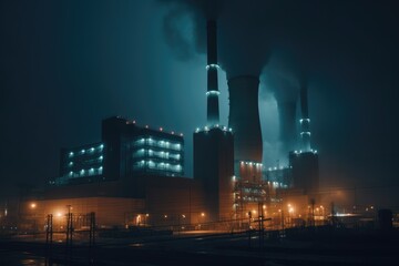 Obraz premium Coal-fired power plant at night. Generative AI