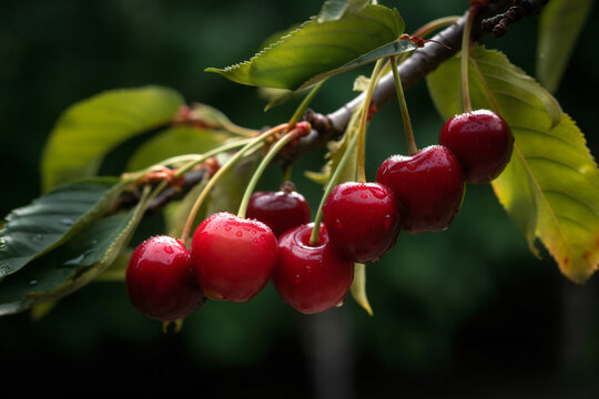 red cherries on a branch, ai generated