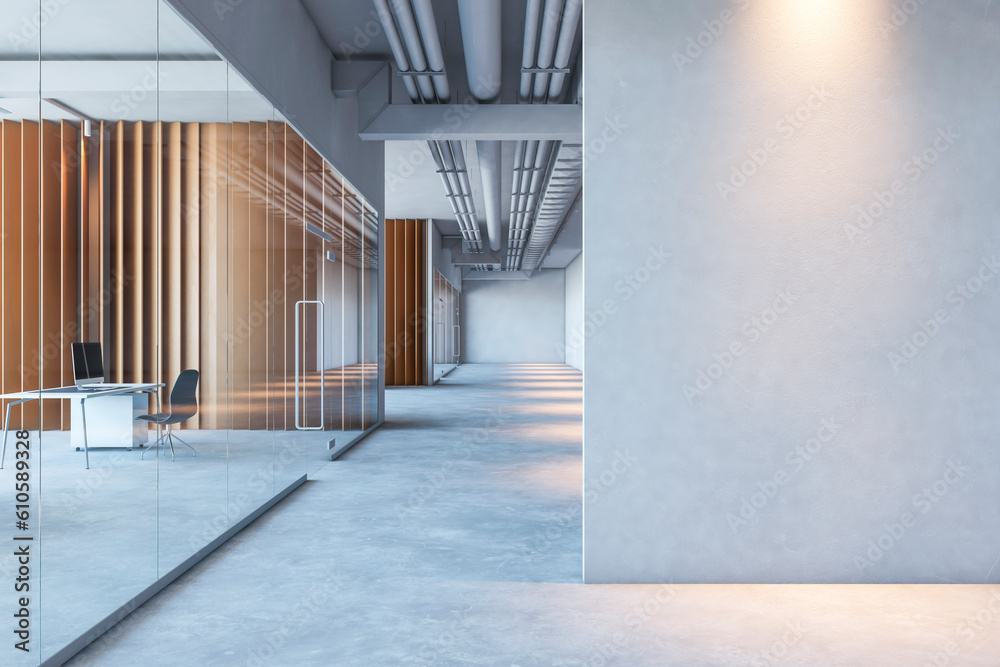 Poster front view on blank grey partition with place for your poster or picture frame in modern interior de