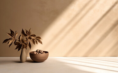 Minimalist Beige wall display Backdrop for E-commerce, Retail, Online Shop, Product Photography, Beauty, Cosmetics, Fashion, Wood, Marble, Leaves, Cement, showcase for advertisement, generative ai	