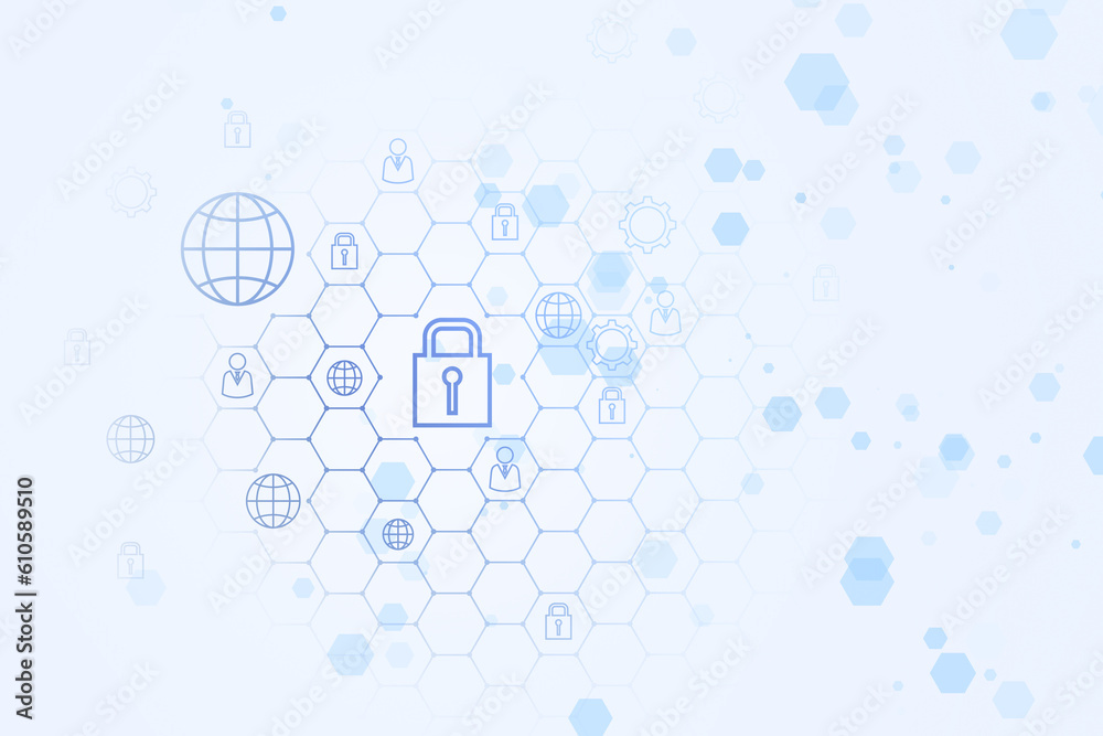 Poster Creative white security landing page background with hexagons and other icons. 3D Rendering.