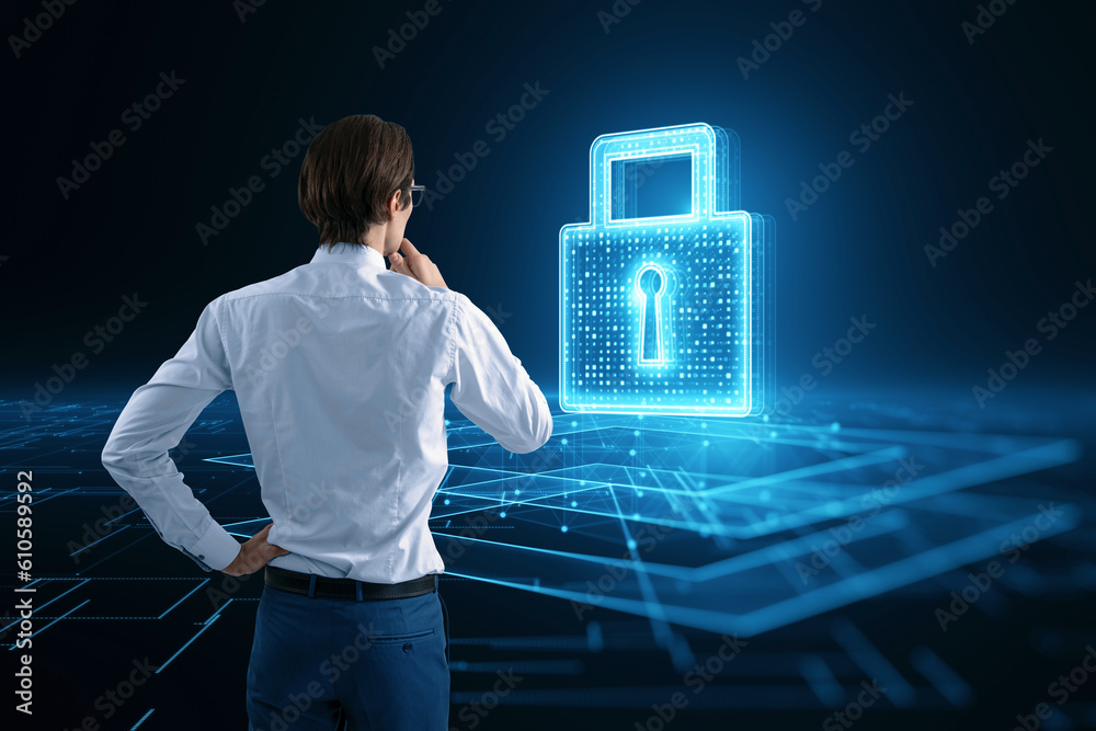 Poster security network technology and business people protect personal information concept with businessma