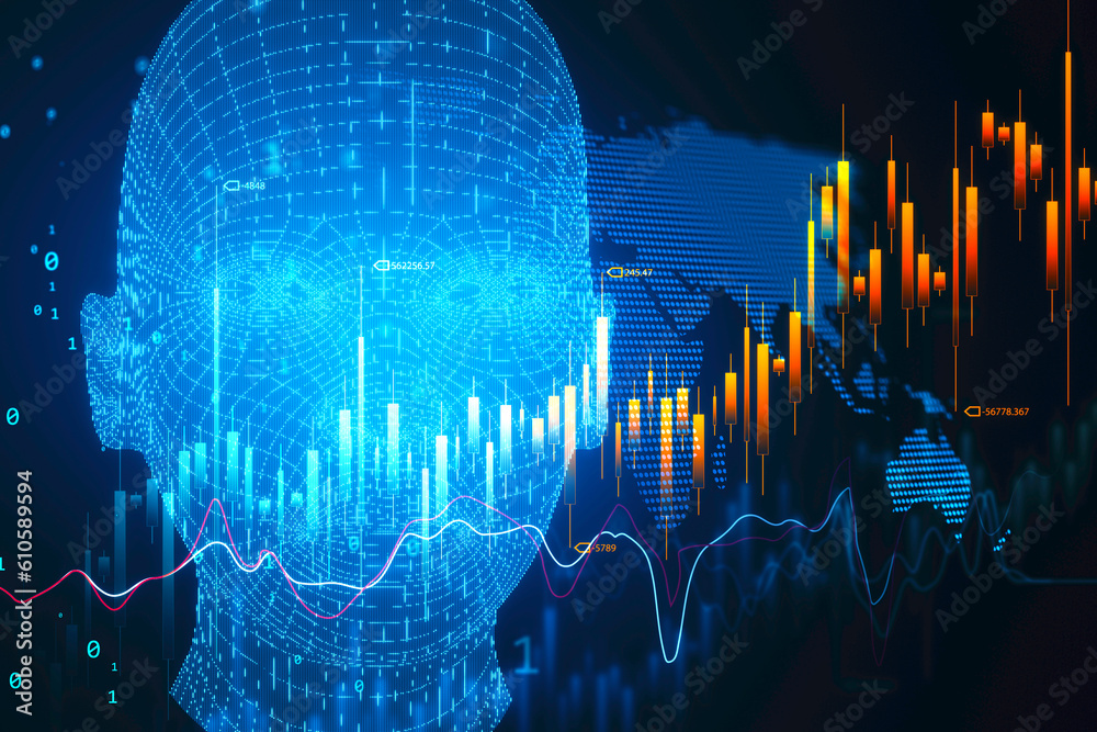 Poster stock market global trading data exchange and artificial intelligence concept with growing financial