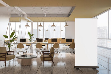 Front view on blank white poster with space for your logo or text in open space office with modern computers on light work tables and city view background from panoramic window. 3D rendering, mockup