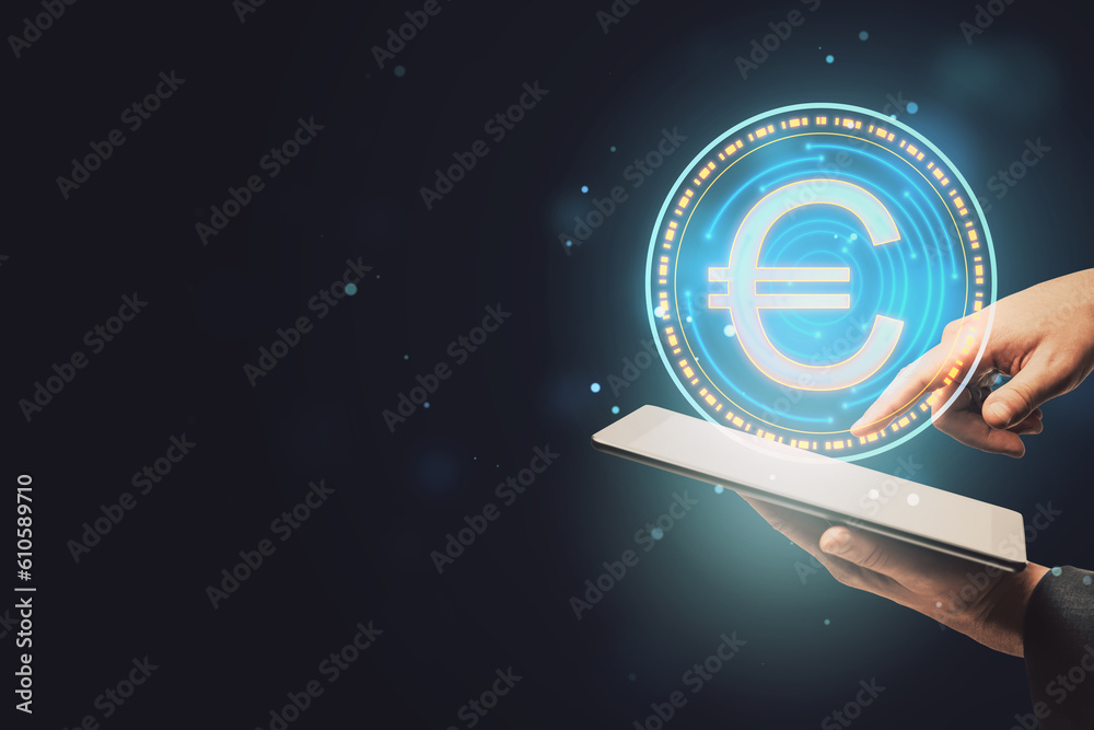 Poster close up of hand pointing at smartphone with digital round euro sign on dark background with blurry 