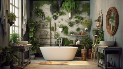 Fototapeta na wymiar a lavish bathroom with a bathtub, a mock-up picture frame on a stunning wall, decorated with cozy furnishings and plants, Generative AI
