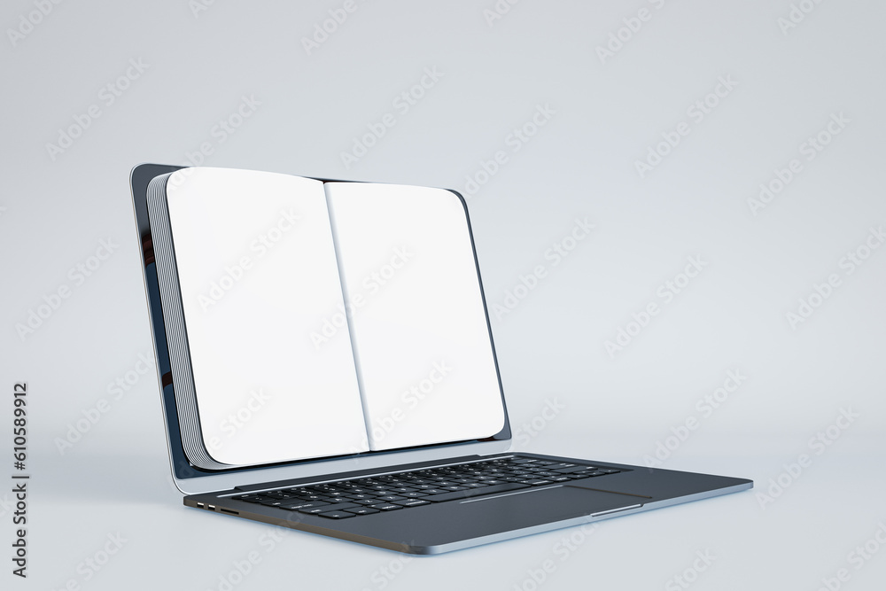 Poster e-learning, e-library and education concept with perspective view on blank white notebook pages for 