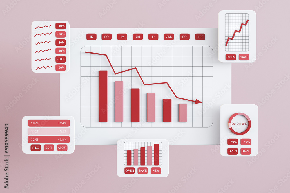 Poster Stats data and digital marketing concept with front view on white graphic window cards with red project statistics, falling sales charts and finance reports on pink wall background. 3D rendering