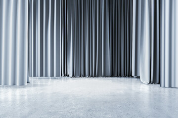 Advertising and marketing concept with front view on blank concrete floor with place for product presentation on abstract stage with light grey backstage background. 3D rendering, mockup