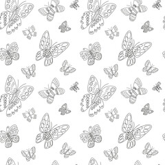 Vector butterflies seamess pattern. Hand drawn butterfly black and white pattern