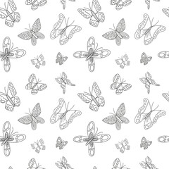 Vector butterflies seamess pattern. Hand drawn butterfly black and white pattern
