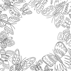 Vector butterfly frame for text. Hand drawn doodle butterflies on white background