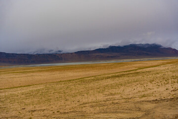 withered grass field, snow covered mountains, cloudy sky at the way from Moriri lake to Leh city, Ladakh, India