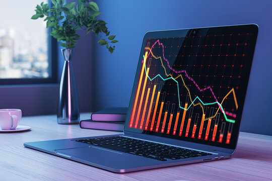 Close up of laptop on desk with coffee cup, supplies and downward red crisis chart grid on blurry office window with city view background. Recession and economic fall concept. 3D Rendering.