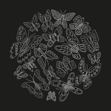 Vector butterflies set on black background. Doodle butterflies in round shape set