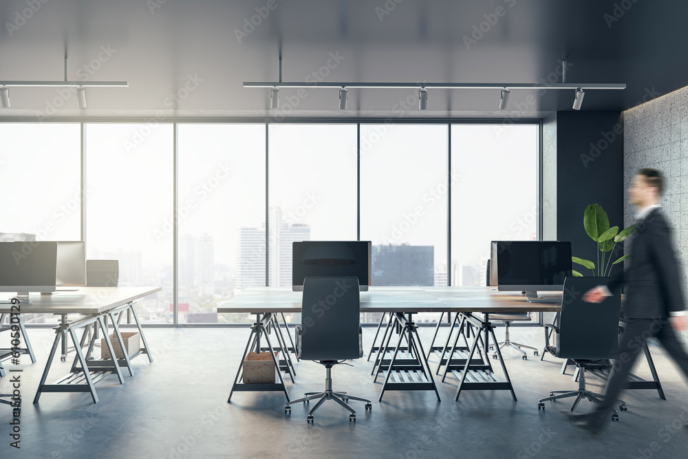 Poster Blurry businessman walking in a modern open space office interior with big window with city view on a background. 3D Rendering