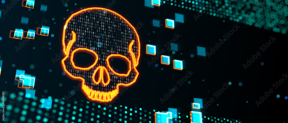 Poster orange glowing skull digital illustration, dark screen texture background, hacking attack and piracy