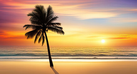 Naklejka na ściany i meble Lonely palm tree at the sunset beach with copy space generative ai illustration