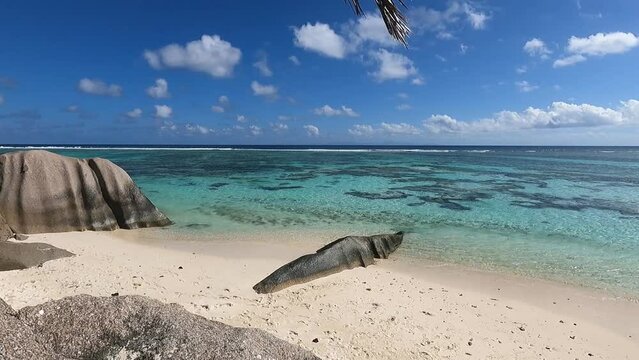 Paradise beach on Seychelles - anse source d'argent - turquoise lagoon - Coastal landscape on the white sand of a tropical beach