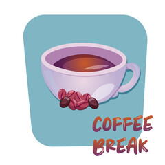 Coffee break sticker. Cute cartoon cup with coffee beans vector illustration. Coffee break banner