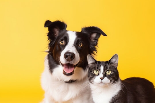 Grey Striped Tabby Cat And A Border Collie Dog With Happy Expression Together On Yellow Background