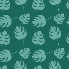 Monstera leaf seamless pattern. Hand drawn monstera on green background