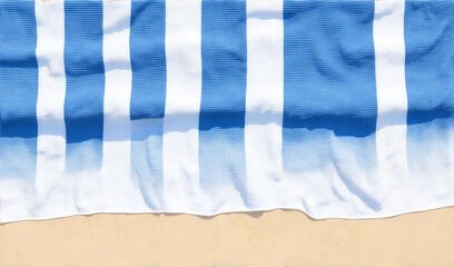 Blue and white striped towel on white sand from Generative AI