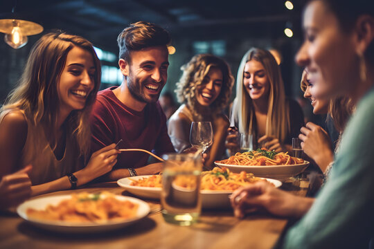 Group Of Friends Having A Pasta Dinner Party At A Restaurant. Generative Ai