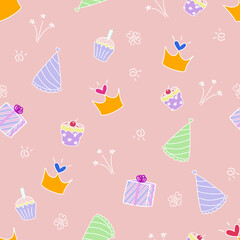 Fototapeta premium Seamless pattern Birthday wedding anniversary party background vector illustration design for kid cloths, gift wrapping paper, banner, nursery wall art. Cute cartoon design doodle.