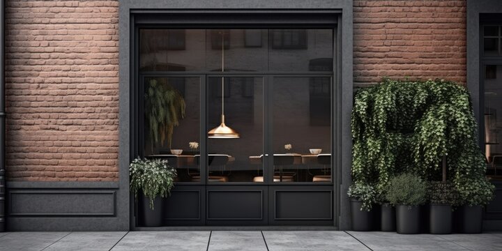 the front. Design for a caf� and restaurant. contemporary black metal minimalism Billboard mockup, black metal window frame, and counter top brick Generative AI