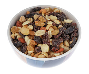 High energy trail mix with roasted nuts and fruit in a colorful bowl isolated on a white background.