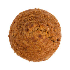 Top view of a delicious freshly baked cinnamon muffin isolated on a white background.