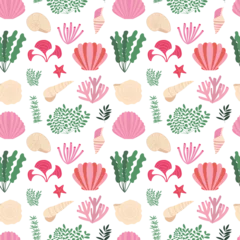 Gordijnen Vector flat algae, seashell and seaweed seamless pattern. Ocean herbs, seaweed, corals and shells on white background © Александра Кириченко