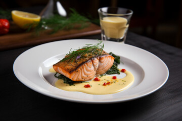 Grilled salmon with sauce and herbs served at restaurant