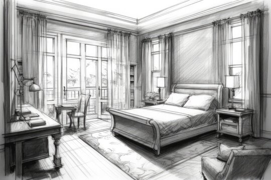 Interior sketch of a bedroom showing the coffee table in front of the window with Roman blinds and the vertical poster above it. in front. Generative AI