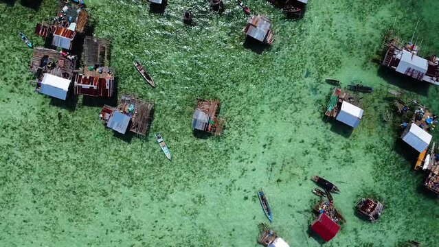 Birds Eye View of the beautiful water village of the Bajau Laut Sea Nomads in Pulau Omadal, Sabah, Malaysia