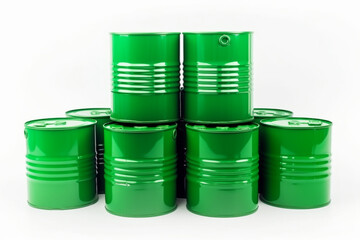 Group of green color metal barrels on pallet isolated on white