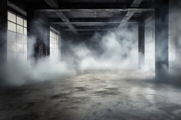 Dark industrial interior with smoke and fog. Dark toned image.