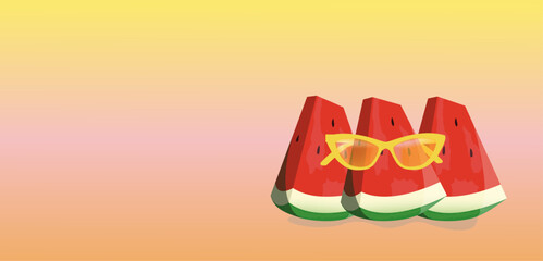 banner with three slices of watermelon in a flat style. watermelon in sunglasses