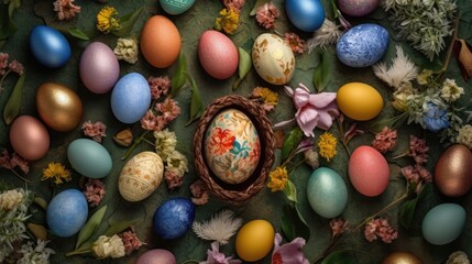 Fototapeta na wymiar composition for Easter using ornaments and colored eggs. a top view Generative AI