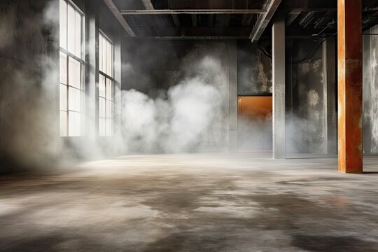 Dark industrial interior with smoke and fog. Dark toned image.