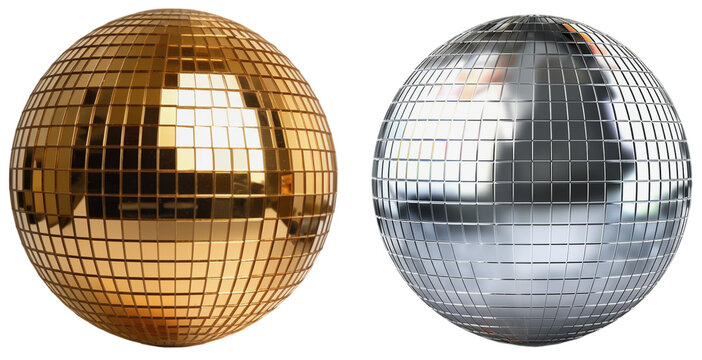 A gold and silver disco ball on a transparent background, Generative AI