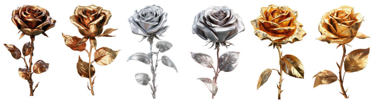 A collection of gold and silver roses on a transparent background, Generative AI