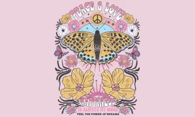 Fototapete Schmetterlinge im Grunge Peace and love graphic print design. Happiness is always my mood. Butterfly with flower t-shirt design.