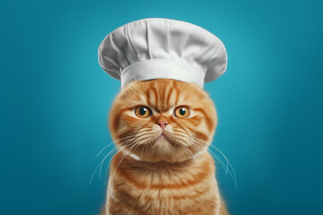 Red serious cat in a chef's hat on a blue background. Cat in the form of a cook. Generated by AI