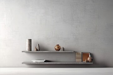 Interior of modern living room with gray concrete wall, wooden shelf and vase